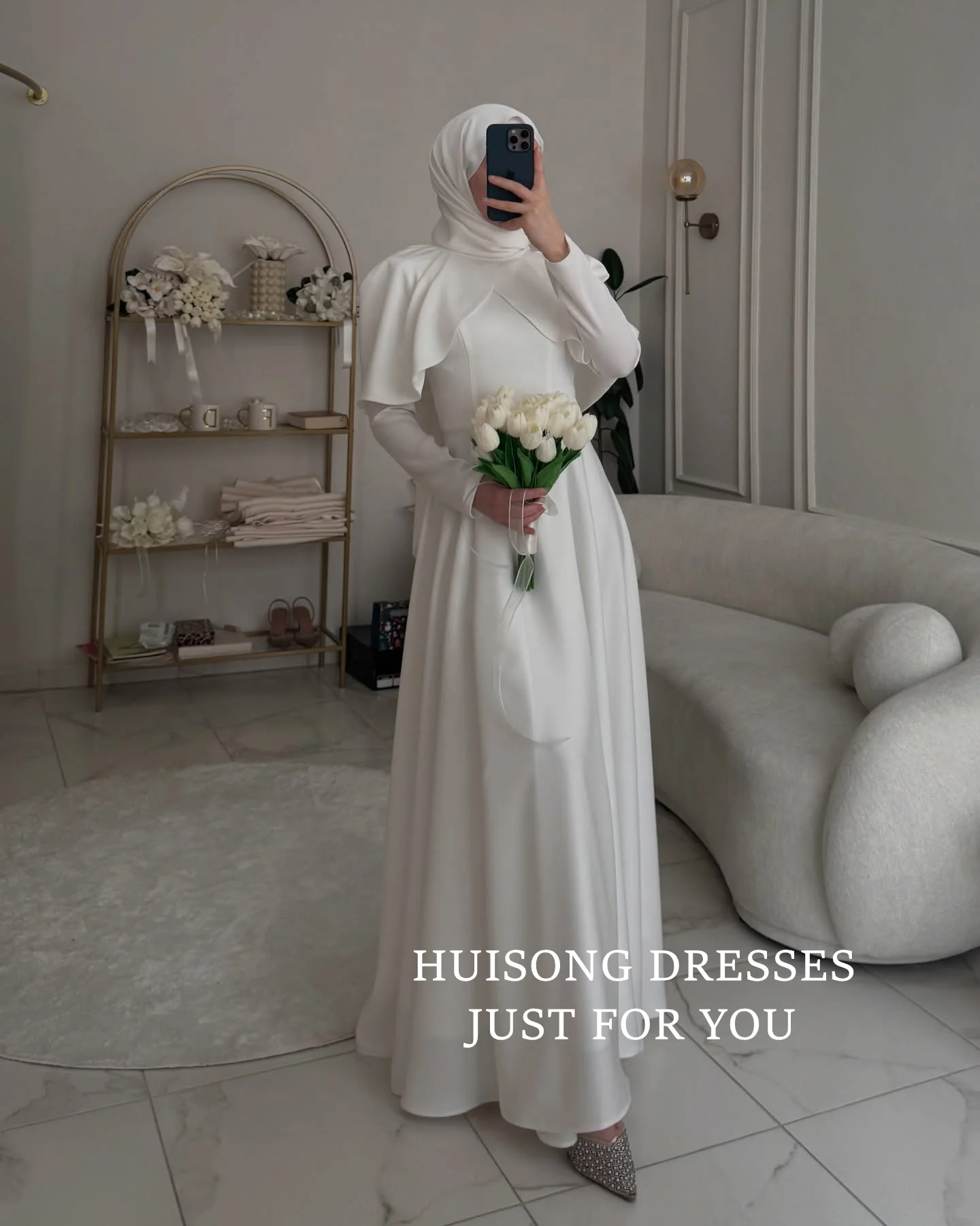 HUISONG Customized Muslim Satin Wedding Dresses Long Sleeves A-Line Modest Bride Dress Long Wedding Gown