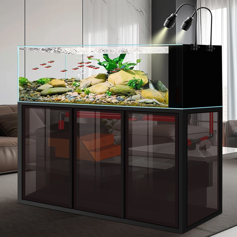 Household ultra-white glass native landscaping fish tank medium and large bottom filter side overflow aquarium