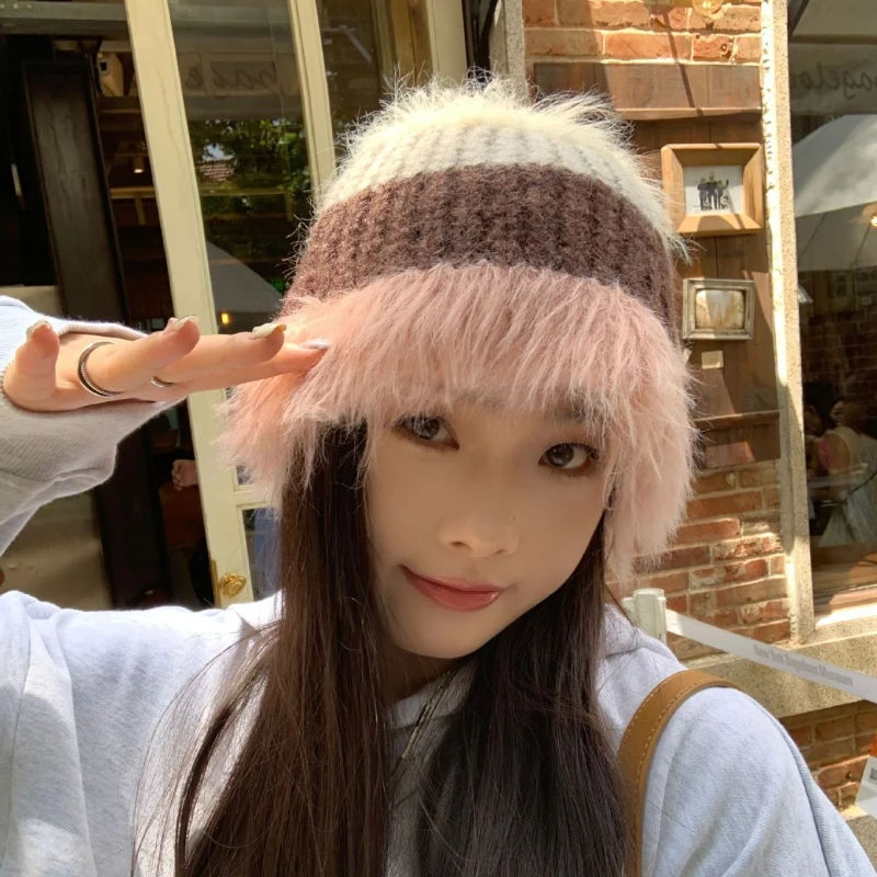 Furry Knit Woolen Hat Female Autumn and Winter Vintage Fisherman Hat Ear Protector Hat