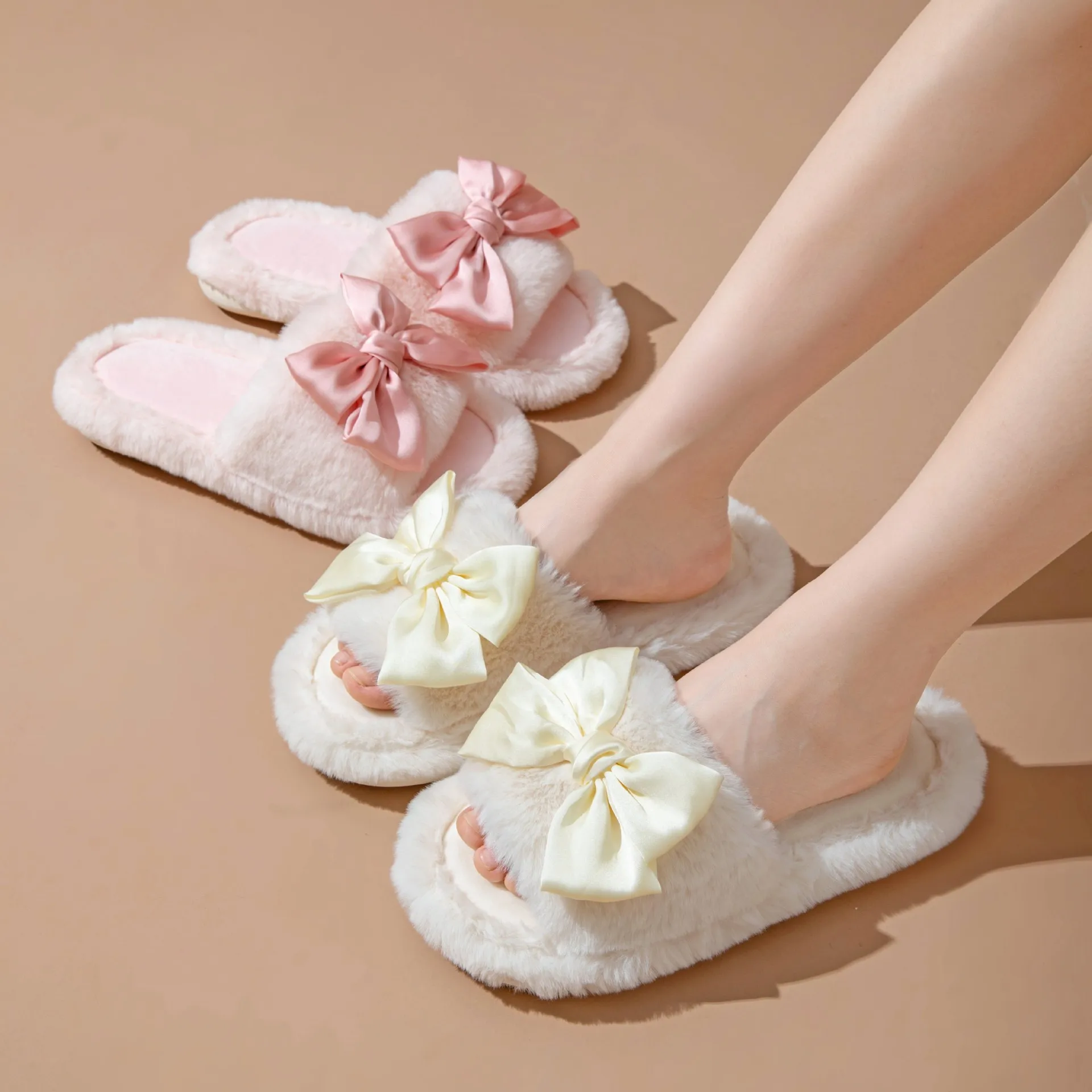 Ribbon Bow Women Home Slippers 2024 Autumn Winter Plush Solid Female Flat Slippers Soft Sole Non Slip Floor Lady Indoor Shoes