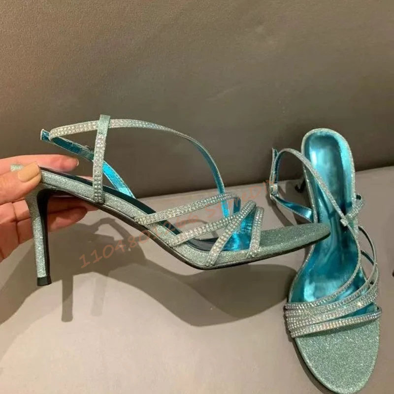 7 و 9 سنتيمتر كعب الوردي حجر الراين كعب مع الأحجار الكريمة لامعة صنادل عالية الكعب الصيف الفرقة الأشرطة أحذية النساء