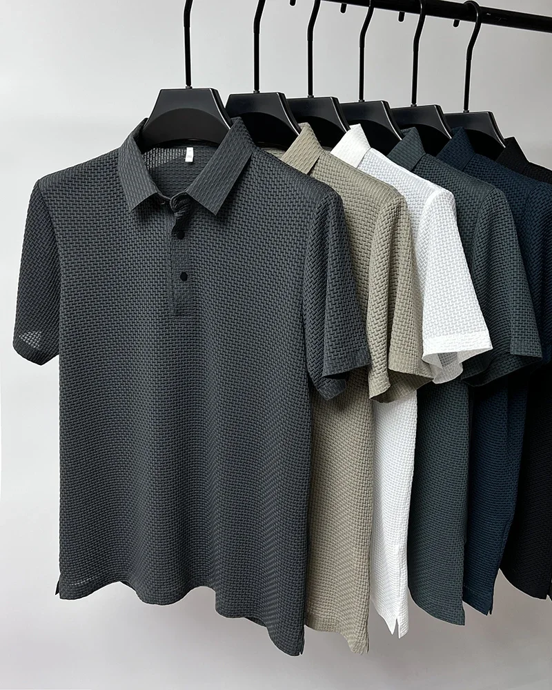 Sommer Neue männer Lop-up Hohl kurzarm Polo-Shirt Eis Seide Marke Kleidung Atmungsaktive Business-Mode T-Shirt männlichen Bis 6XL – Detail 5