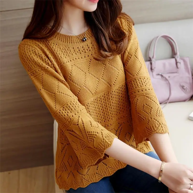 Hollow Out Ice Silk Knitted Shirt Three Quarter Sleeve Korean Flare Sleeve O-Neck Loose Short T-Shirts Spring Summer Geometric