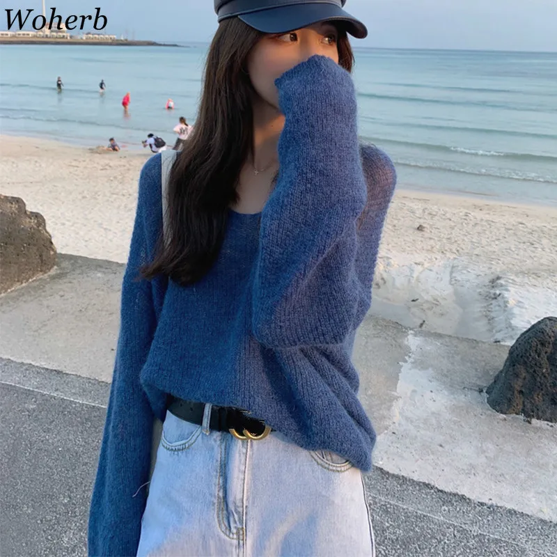 Woherb 2024 New Chic Mohair Thin Hollow Out Tops Women Capes Pullover Vintage Summer Jumper Femme Korean Crop Knitwear