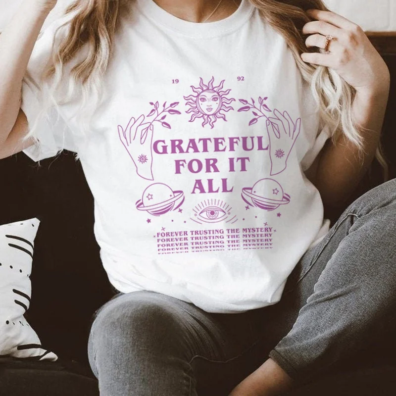 

Kuakuayu HJN Grateful For It All Mystical Celestial T-Shirt For Women Vintage Hippie Style Witch Shirt Ladies Occult Tee Grunge