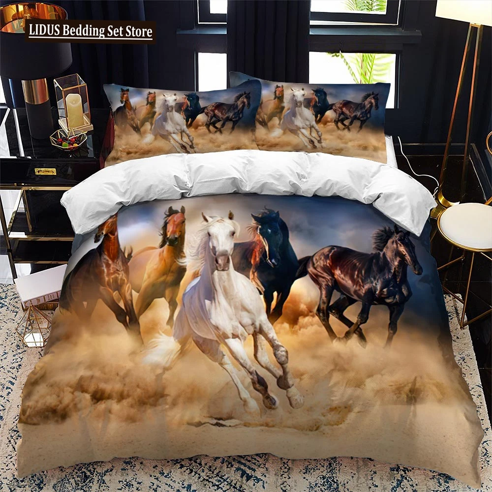 Horse Duvet Cover Set For Kids Toddler Farm Animal Pattern Bedding Set Boys 2/3pcs Farmhouse Polyester Quilt Cover King Size