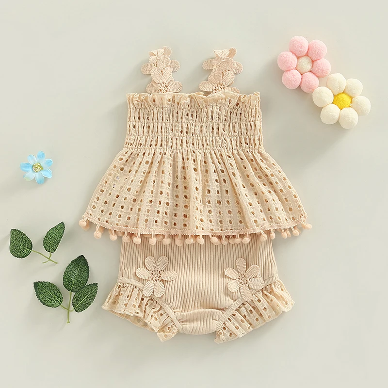 Baby Girls Summer Clothing Sets Flower Strap Sleeveless Hollow Out Tassel Ruffles Tops+Ribbed Knitted Shorts Casual Outfits