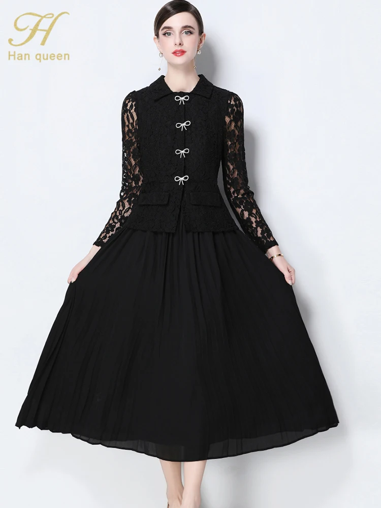 H Han Queen المرأة الخريف المدرج عطلة حفلة موسيقية فساتين النمط الفرنسي وهمية اثنين من الدانتيل المرقعة فساتين مطوي