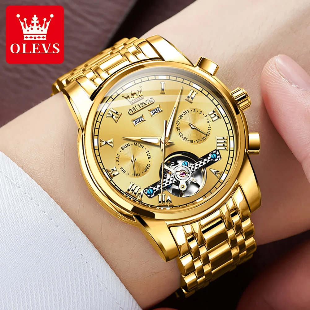 

OLEVS 6607 Men Stainless Steel Strap Waterproof Classic Business Wriswatches Skeleton Calendar Clock Automatic Mechanical Watch