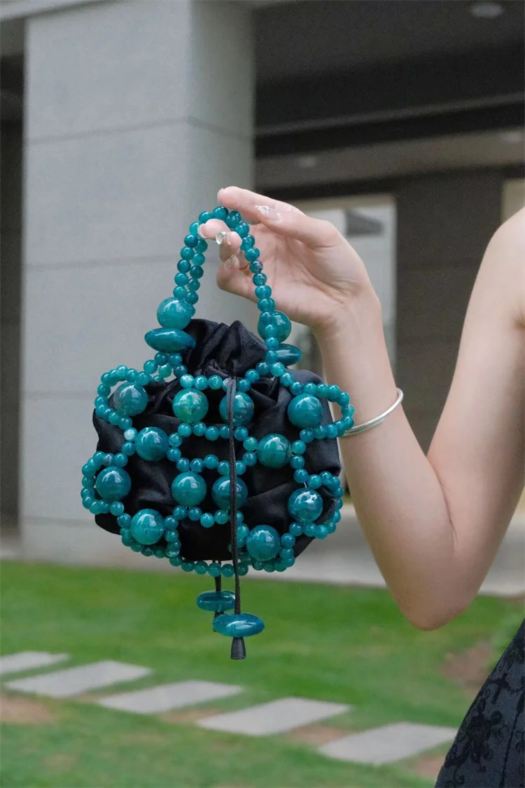 Women Fashion 2024 Summer Sea Color Acrylic Party Beaded Luxury Totes Beading Square Women Handbag