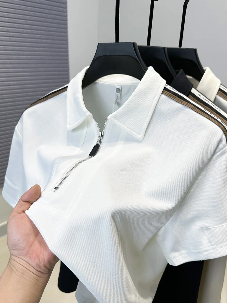 

Высококачественная мужская летняя деловая модная бутиковая рубашка-поло, повседневная рубашка-поло на молнии с короткими рукавами, простой новый удобный топ