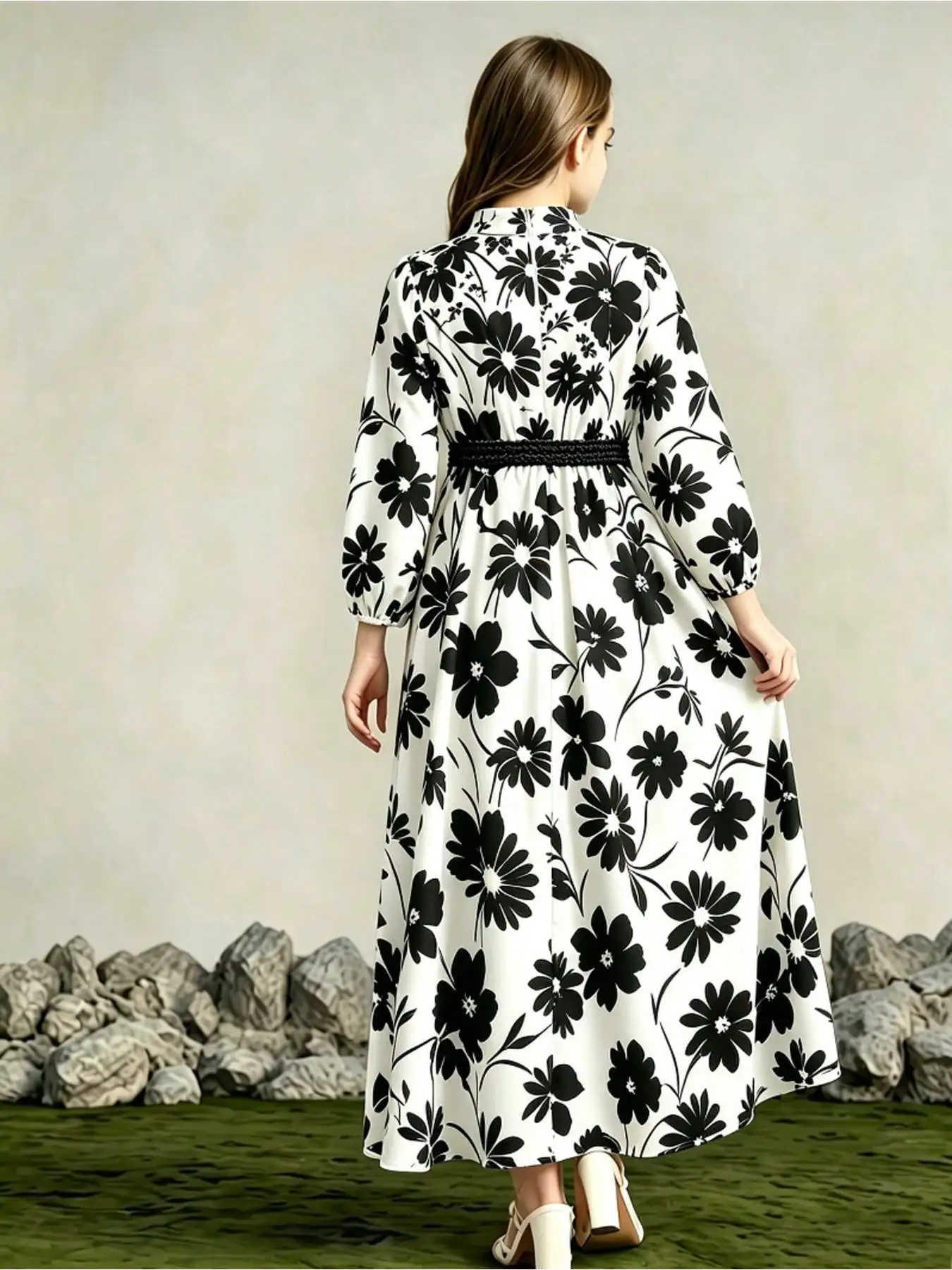 Kinder-Herbstkleid mit Rundhalsausschnitt, Blumenmuster, Kontrastierenden Langen Ärmeln und Gürtel, Langer Rock für Mädchen – Detail 3