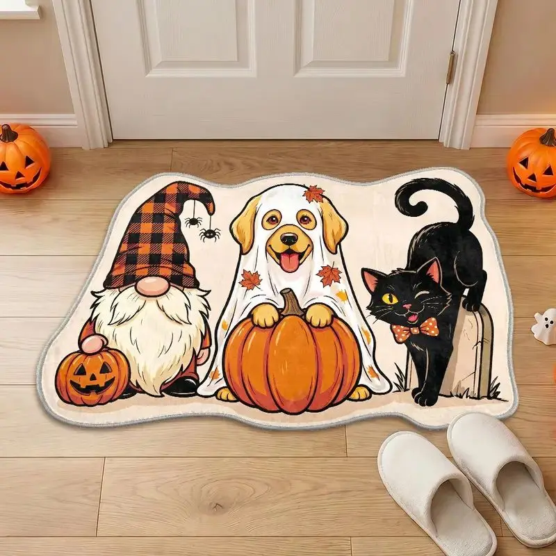VIKAMA Halloween Doormat Gnome Dog Black Cat Pumpkin Irregular Shape Non Slip Floor Mat Front Door Entryway Fall Home Decor
