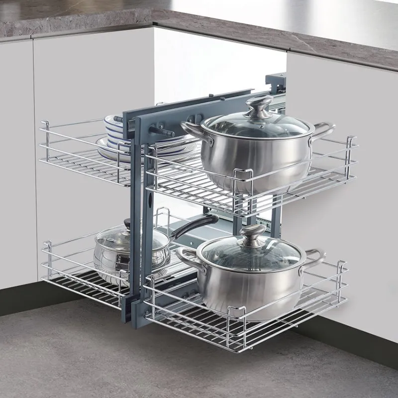 Kitchen cabinets are all pulled out, corner, little monster pull basket, storage rack, dish