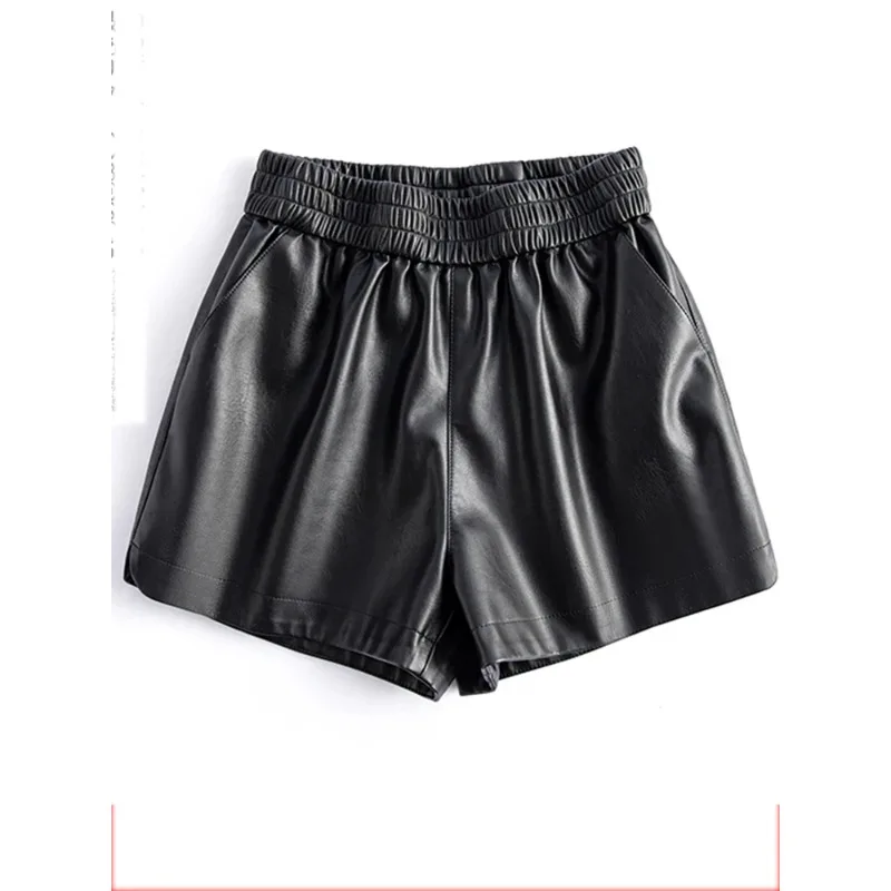 

Женские шорты из натуральной кожи, широкие короткие женские брюки из натуральной овчины, черные шорты с высокой талией, Ropa Mujer