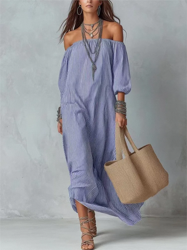Casual Dresses New Spring Summer Elegant Striped Off-shoulder Loose Holiday Fashion Dress For Women Office Holiday Party Dress - Image 6