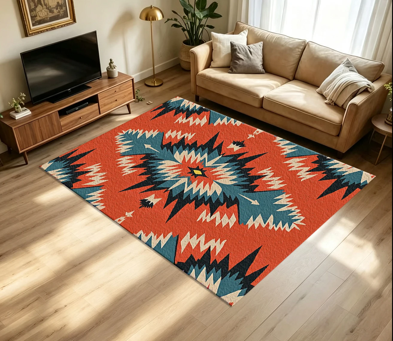 Southwest Ethnic Tribal Carpet Flooring Retro Red Teal Black Symmetrical Geometric Arrow Seamless Pattern Printed Floor Rug for Household Indoor Boho Home Decor