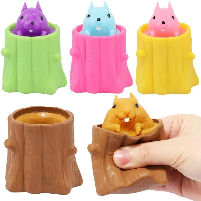 Squeeze Squirrel Stump Cup Fidget Toy with Music for Kids Antistress Mini Tree Stump Decompression Plaything Weird Pinching Gift