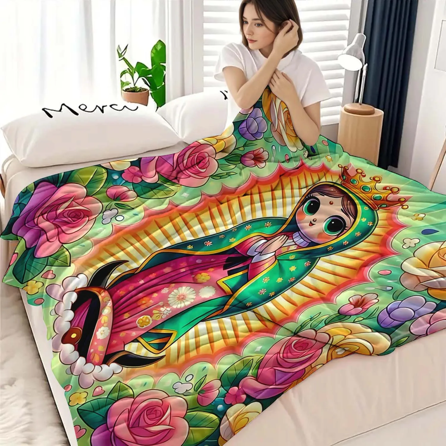 Cute Cartoon Virgin Mary Floral Flannel Throw Blanket Soft Cozy Fleece Lady of Gift Throw