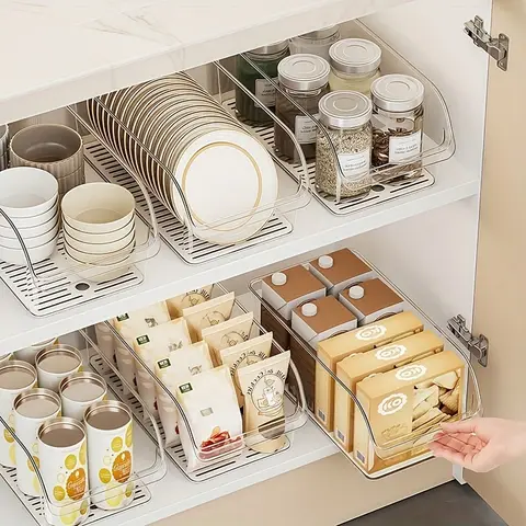 3/6Pcs Clear Storage Bins Set, Large & Small Size Plastic Organizer Boxes For Cosmetics, Snacks, Drinks, Face Masks, Stackable Transparent Containers For Pantry, Fridge, Bathroom, Vanity Countertop