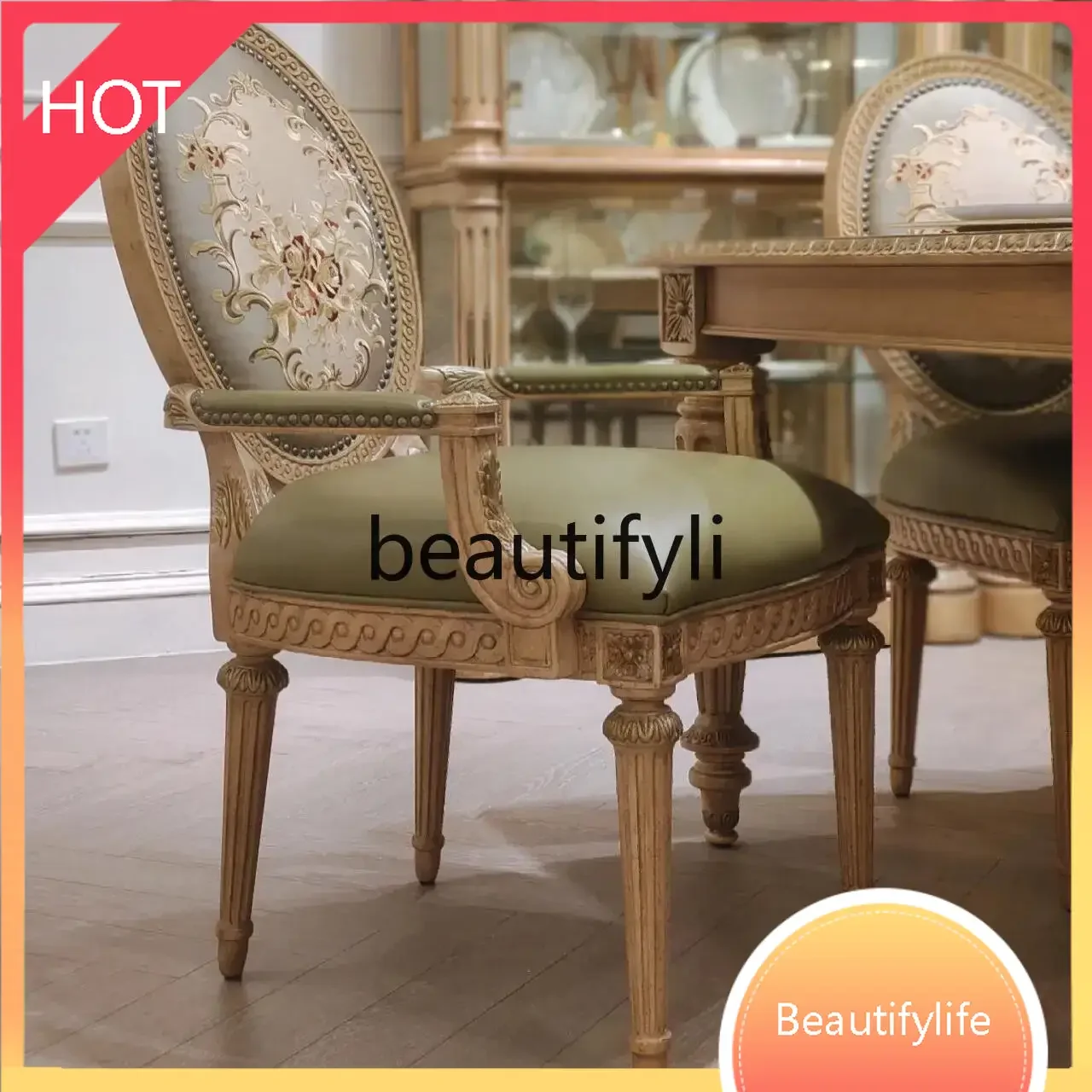 A07 European French court, rectangular solid wood carving flower dining table dining chair Jade green07