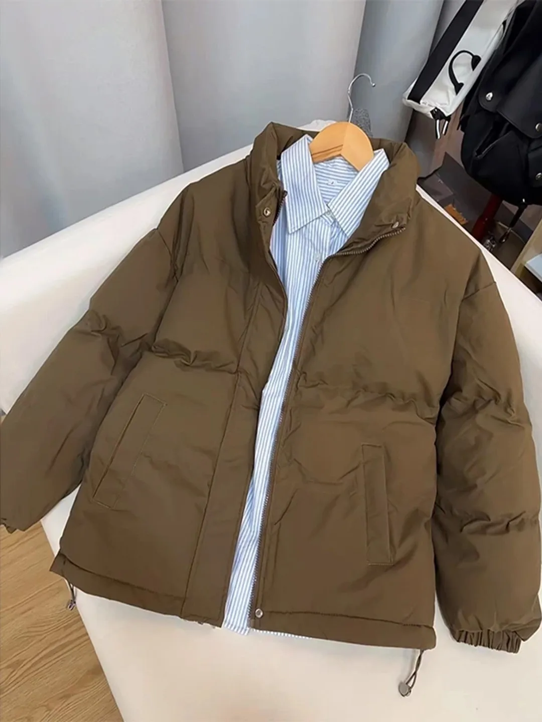 

Thiened Cotton Jaet Men's Winter Warm Stand Collar Bread Sle Coat Retro Brown M Fem Couples Outerwear Coat