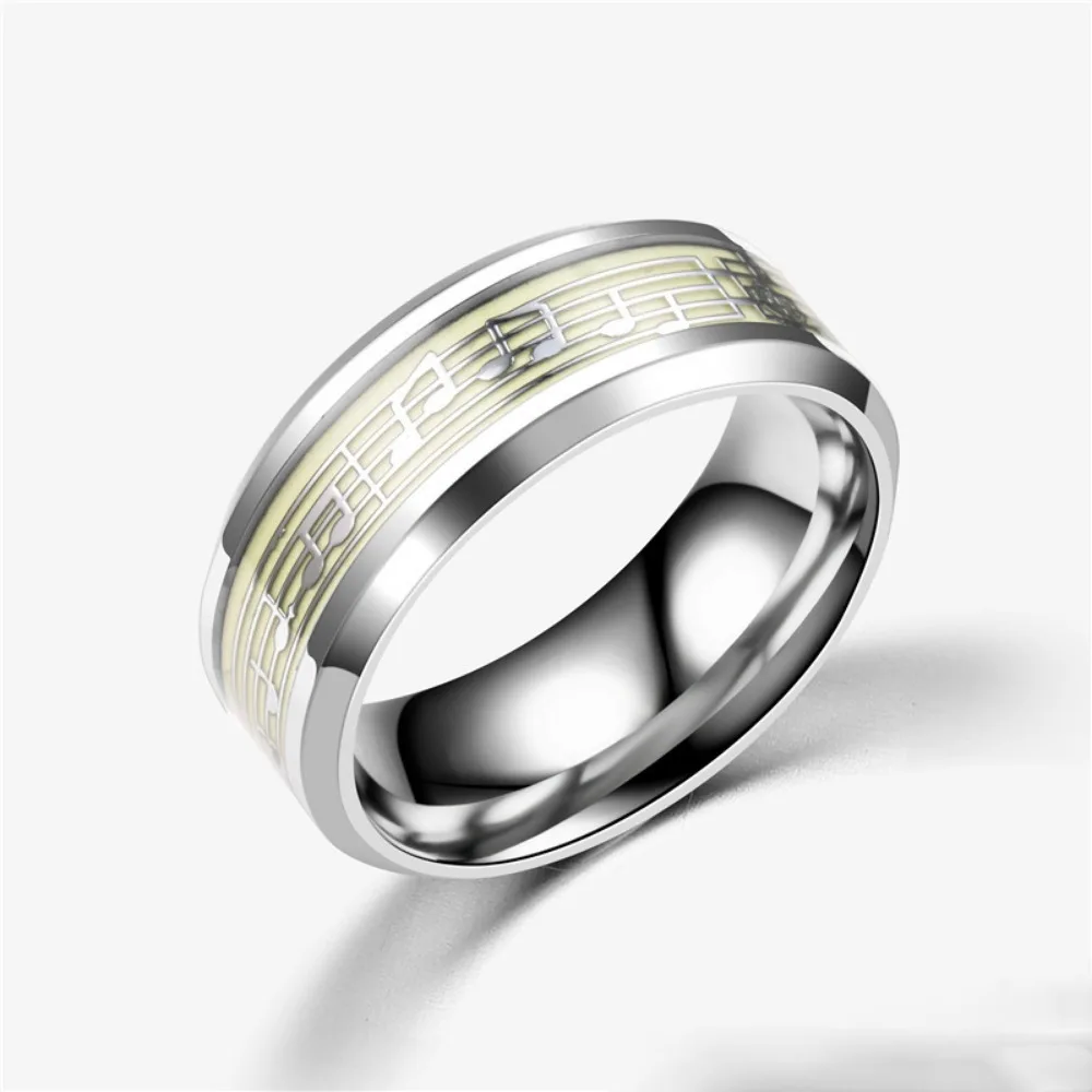 Glow-in-the-Dark Piano Music Note Stainless Steel Rings - Perfect for Casual Attire & Parties