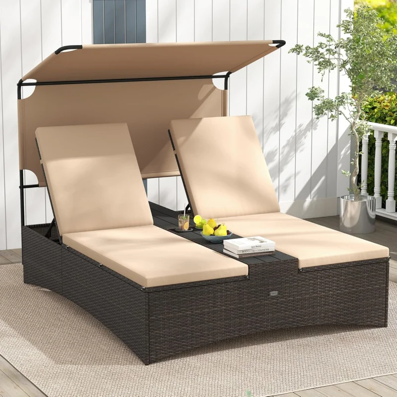 

2-Person Outdoor Rattan Daybed with Canopy, 4-Level Adjustable Backrests & Table/Cup Holders, Cushioned Wicker Sunbed Lounger