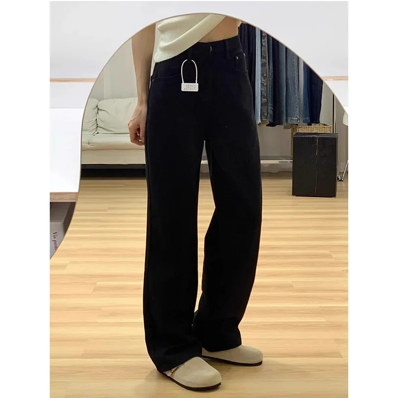 High Waist Wide Leg Black Denim Jeans Women's Loose Straight Casual Floor-Length Trousers plus Size Slimming Effect