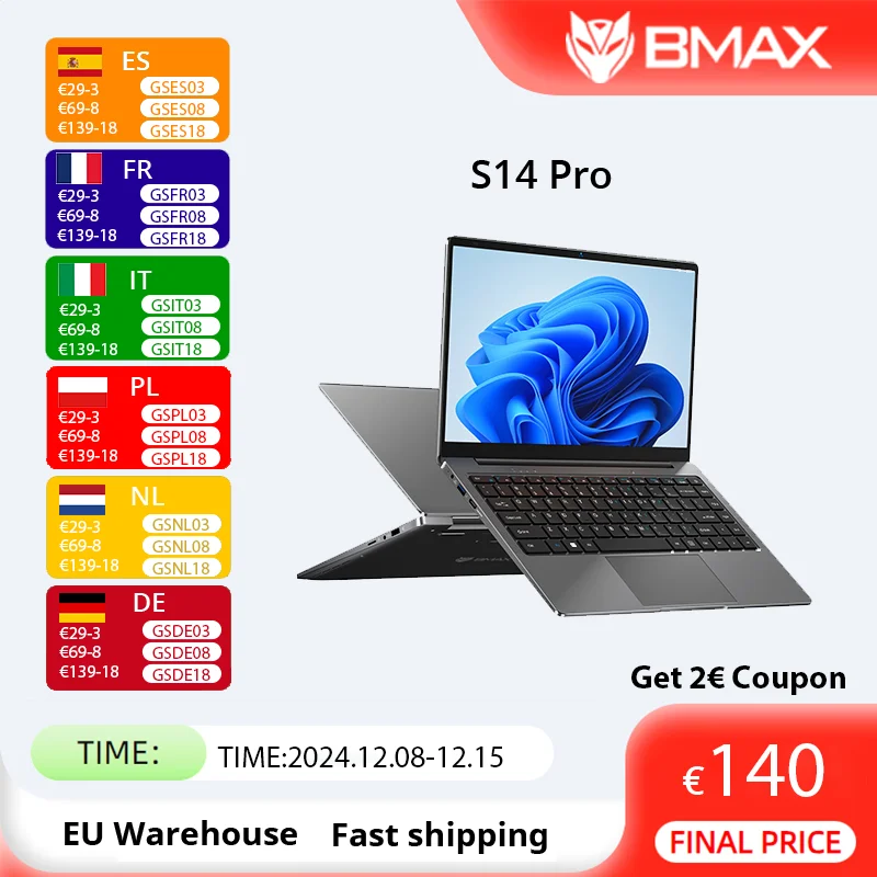 BMAX S14 Pro Intel N5000 8GB RAM 256GB SSD CPU 1920*1080 14 Inch Laptop Windows 11 Notebook Dual Wifi USB laptop PC