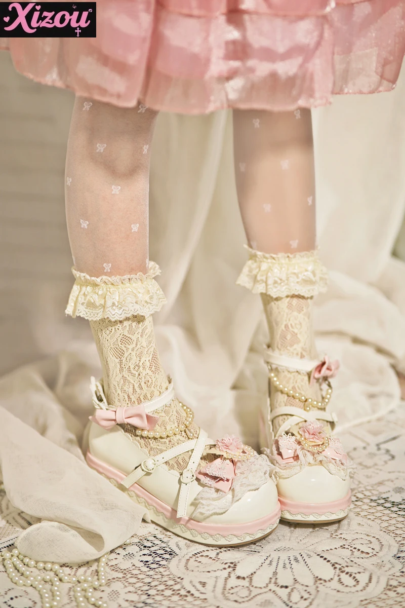 Kawaii japonês doce e bonito plataforma original muffin sapatos femininos pérola arco cabeça redonda lolita feminino mary jane único sapatos