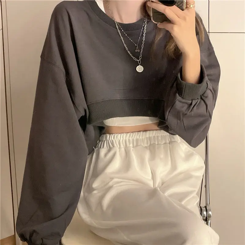 ZOKI Streetwear Women Sexy Solid Cropped Sweatshirts Oversize Loose Harajuku BF Pullovers Spring Korean Chic Casual Y2k Tops