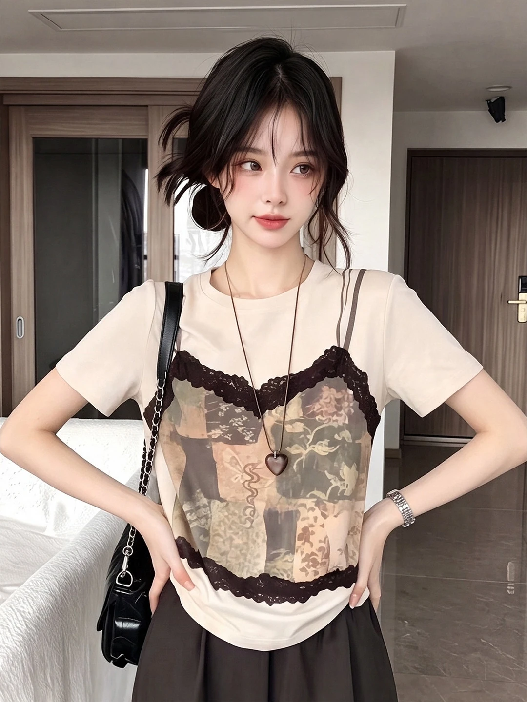 Retro Hong Kong Style Lace Splicing Print Short Sleeve T-Shirt Women Summer plus Size Fake Two-Piece Upper Body Korean Version
