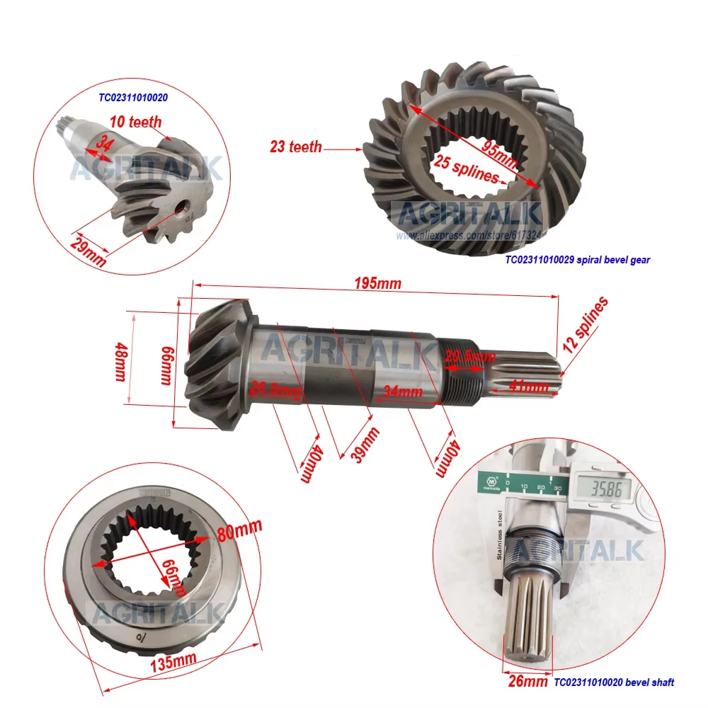 TC02311010020 Driving Bevel Gear Shaft + TC02311010029 Central Transmission Big Bevel Gear for Lovol TB504 Series Tractor