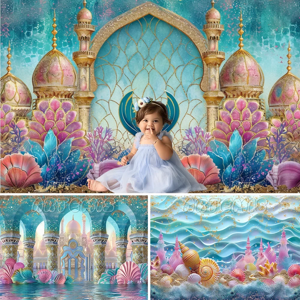 

Cake Smash Backdrop Atlantis Mermaid Glitter Diamond Wavy Romantic Ocean Decor Baby Birthday Portrait Background Photo Studio