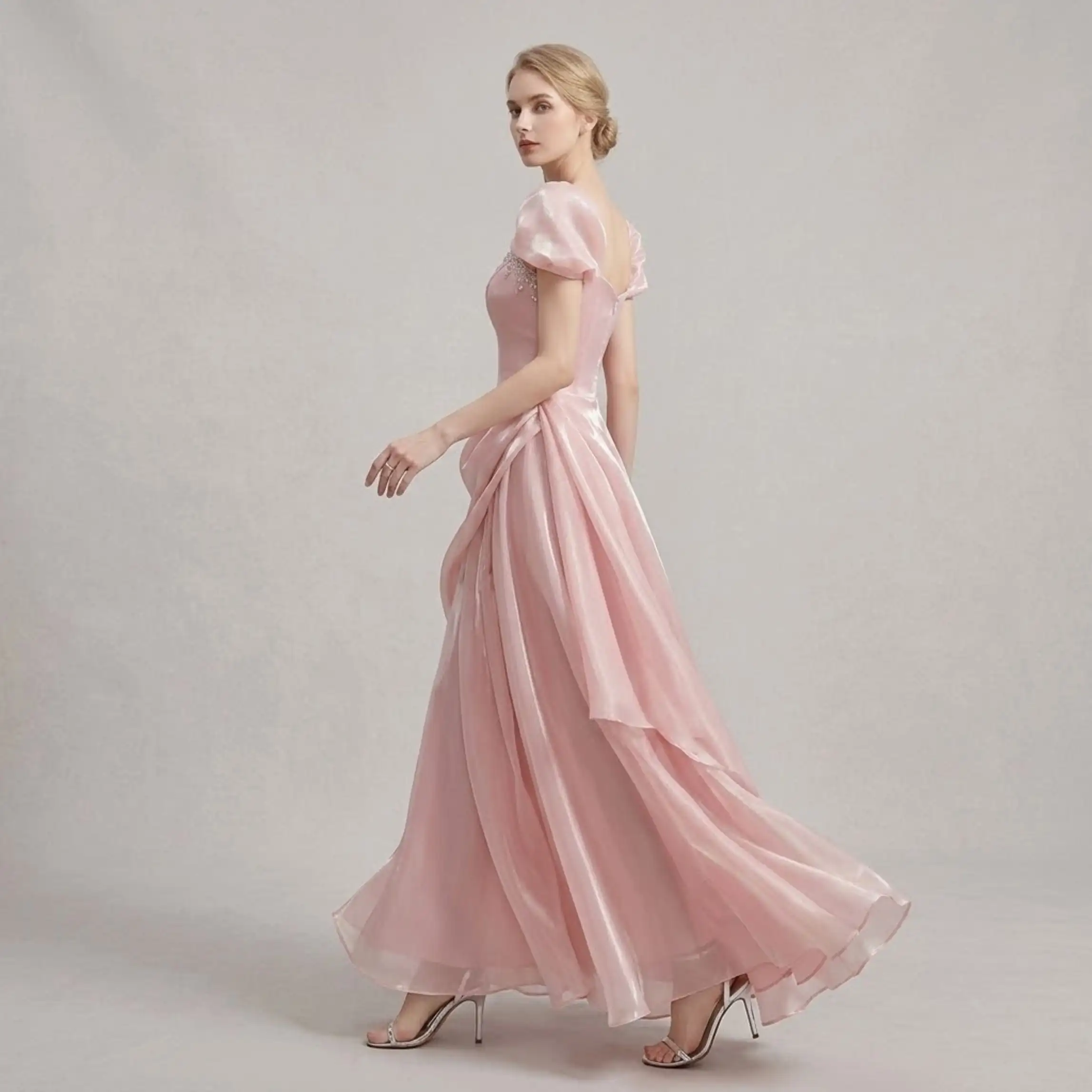 Customized Blush Pink Satin Evening Dress Off Shoulder Puff Sleeve A Line Corset Rhinestone Maxi Dress Elegant Formal Prom Gowns
