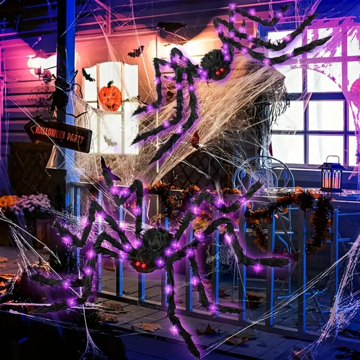 1Pack Halloween Spider with 144LED Copper Wire Lights Purple Light Waterproof Battery Powered For Home Outdoor Halloween Decor