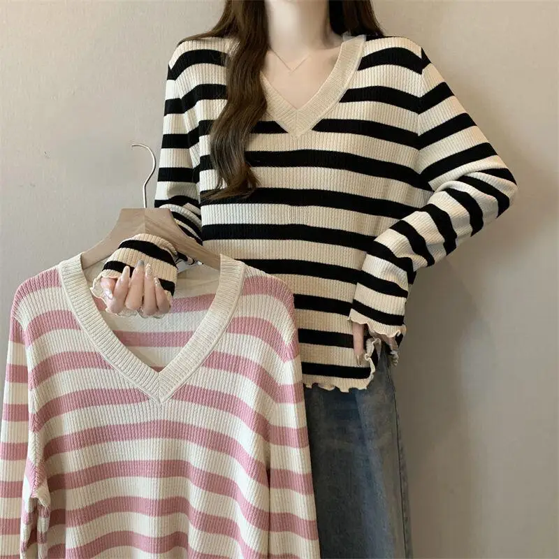 

Полосатая рубашка с v-образным вырезом и длинными рукавами для девочек, модная повседневная одежда принцессы, антивозрастная универсальная весенне-осенняя одежда, новинка снаружи