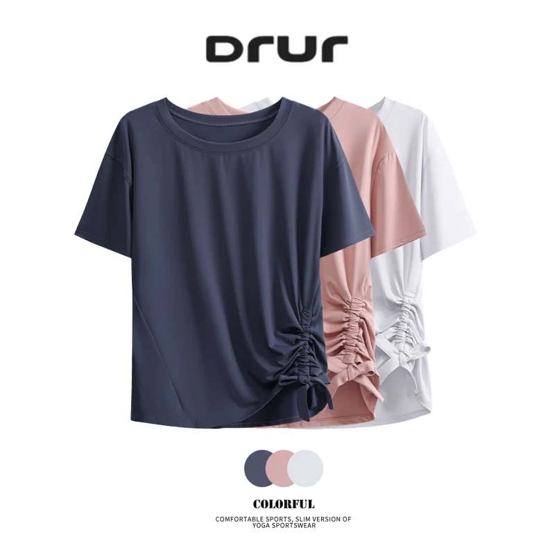 DRUR Summer Ruched Side Yoga Top and Round Neck Lightweight Soft Loose Fit Running Gym Shirts Breathable Sportswear For Hiking