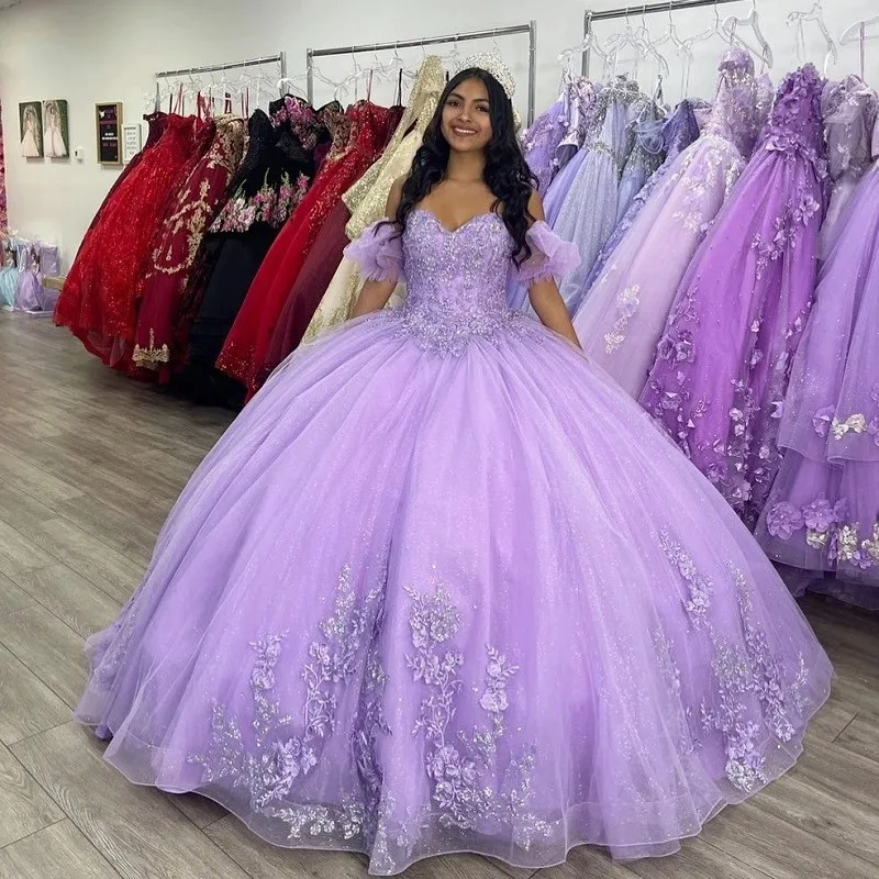 Angelsbridep-Vestidos De quinceañera púrpura y lila, apliques florales 3D con cuentas De encaje, Vestidos De fiesta De cumpleaños De princesa