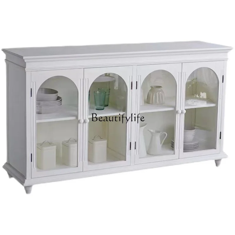 

American French country style white retro glass door side cabinet storage decorative cupboard