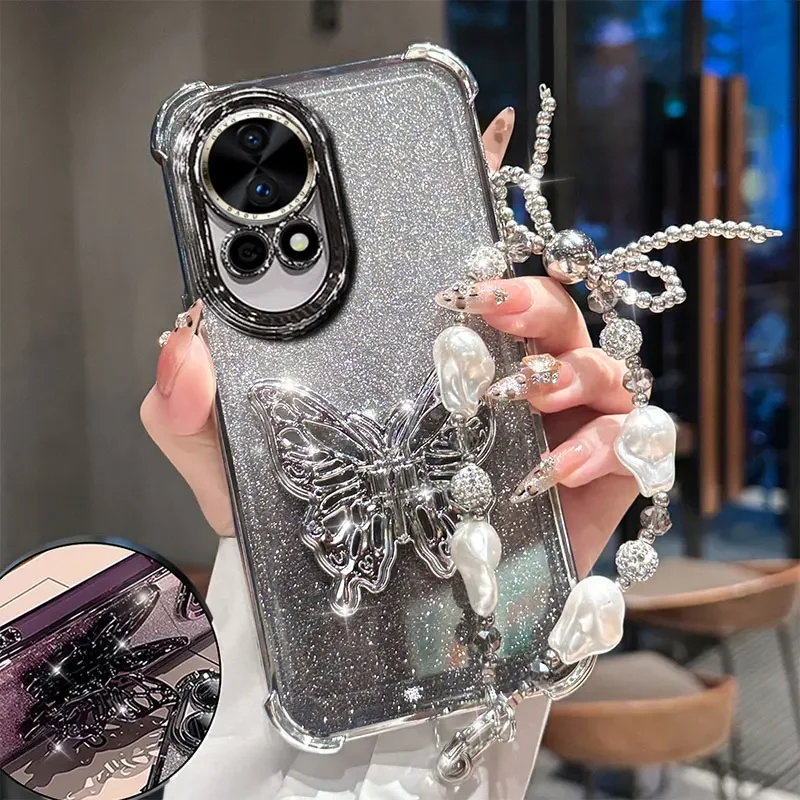 

Роскошный чехол с жемчужной цепочкой для Huawei P70 P60 P50 P40 P30 Pro Nova 13 12 11 10 Pro 9 8 SE Противоударный чехол с держателем-бабочкой