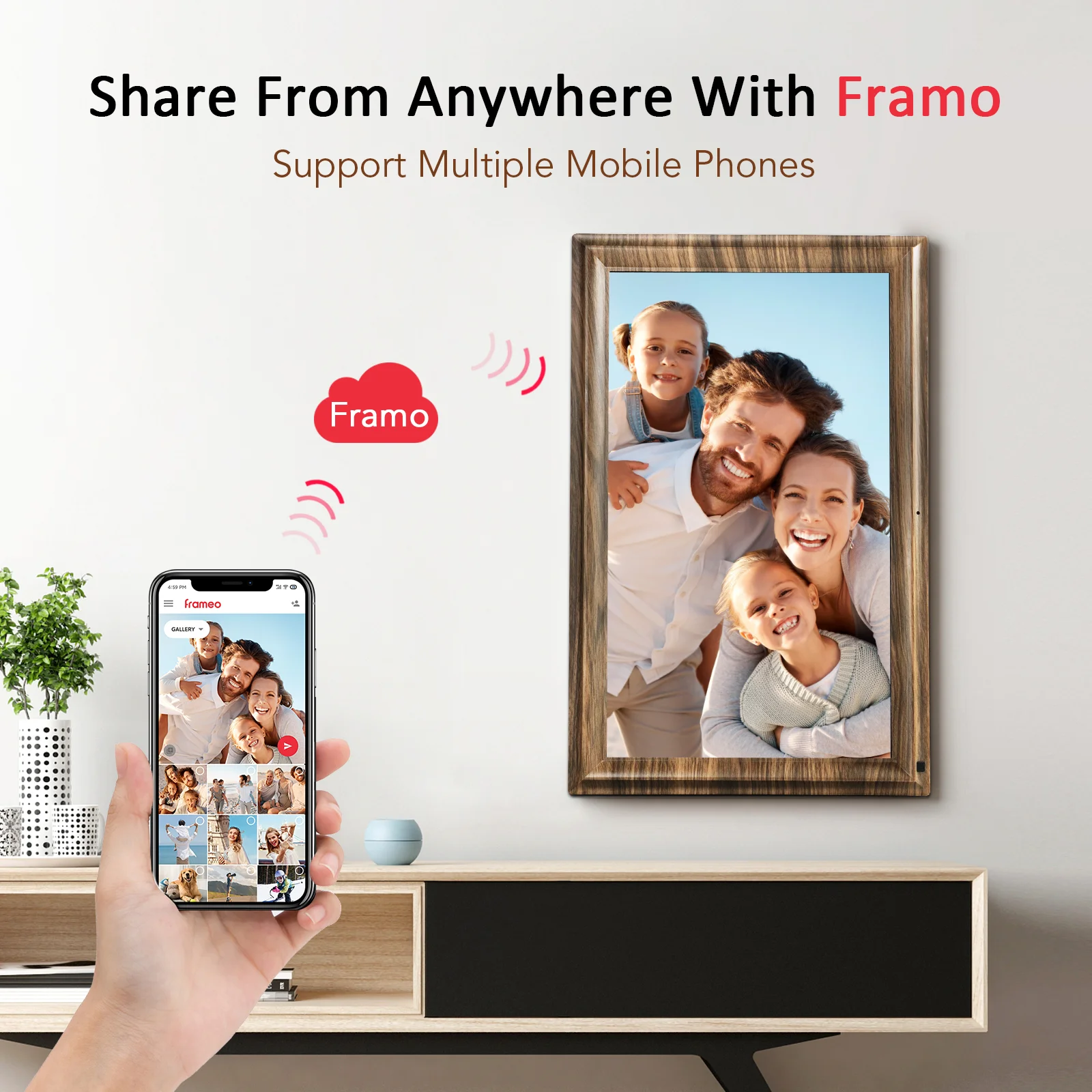 Wooden Digital  Photo Frame   with Frameo App - WiFi Enabled HD Display & Remote Control  Instant Photo Sharing Frame