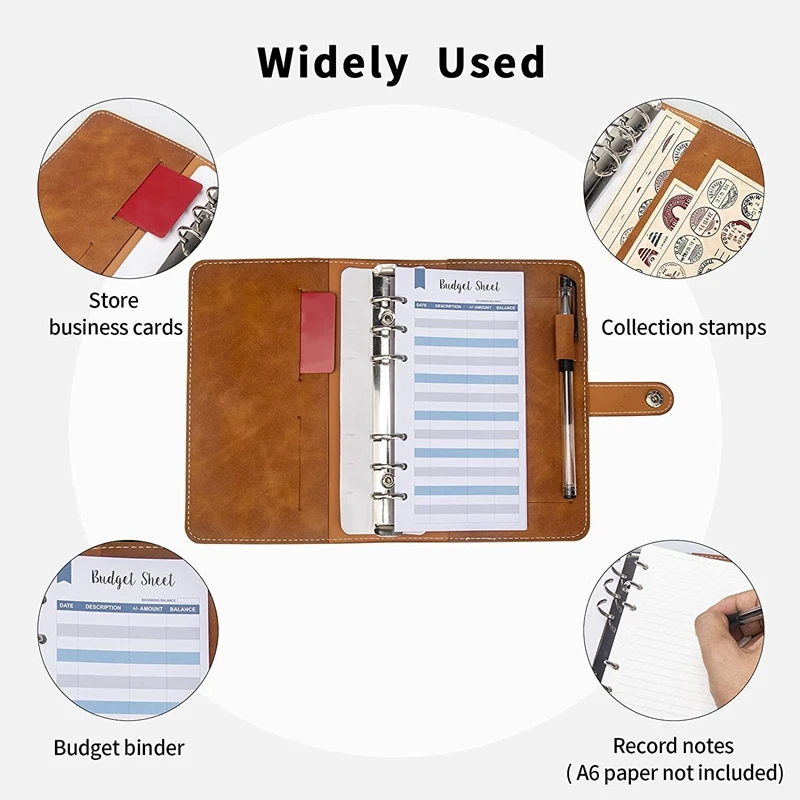 PU Leather Notebook Binder Set com Zipper Bags, Cover Organizer para Orçamento, 6 Ring, Binders Orçamento, A6, 28Pcs