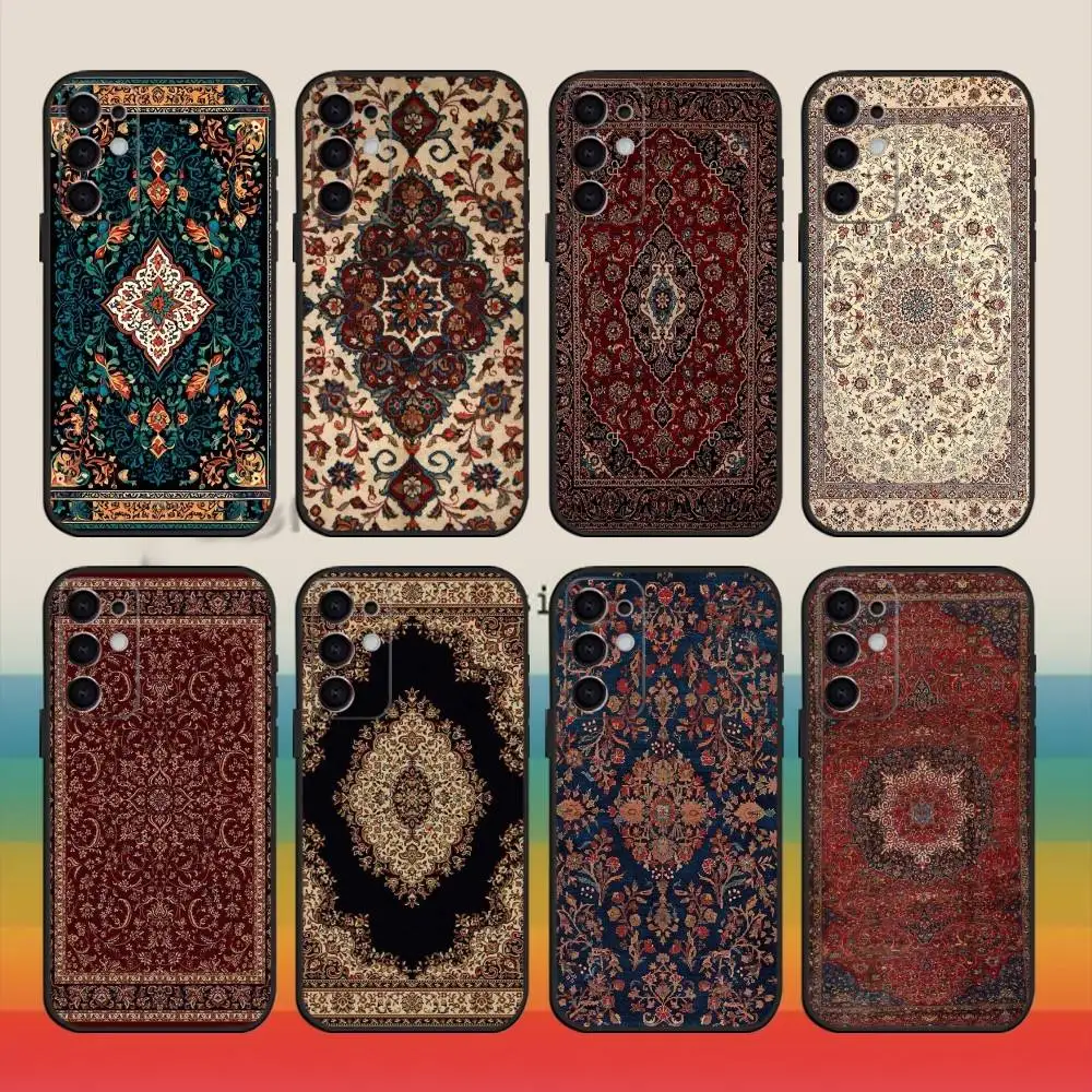 Funda de teléfono Persian Carpet Flora para Samsung S25,S24,S21,S22,S23,S30,Ultra,S20,Plus,Fe,Note,10,9,5G, funda negra