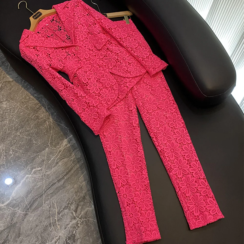 Fine Workmanship Designed Lace Office Lady Suit Single Button Blazer Pencil Pants Fashion Women Solid 2pcs