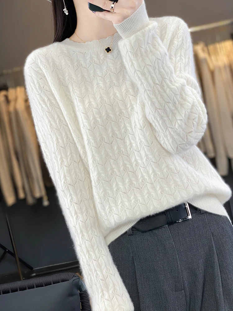 Women Autumn Winter Pullovers 100% Merino Wool Sweater O-Neck Hollow Long Sleeves Casual Cashmere Knitwer Korean Fashion Tops