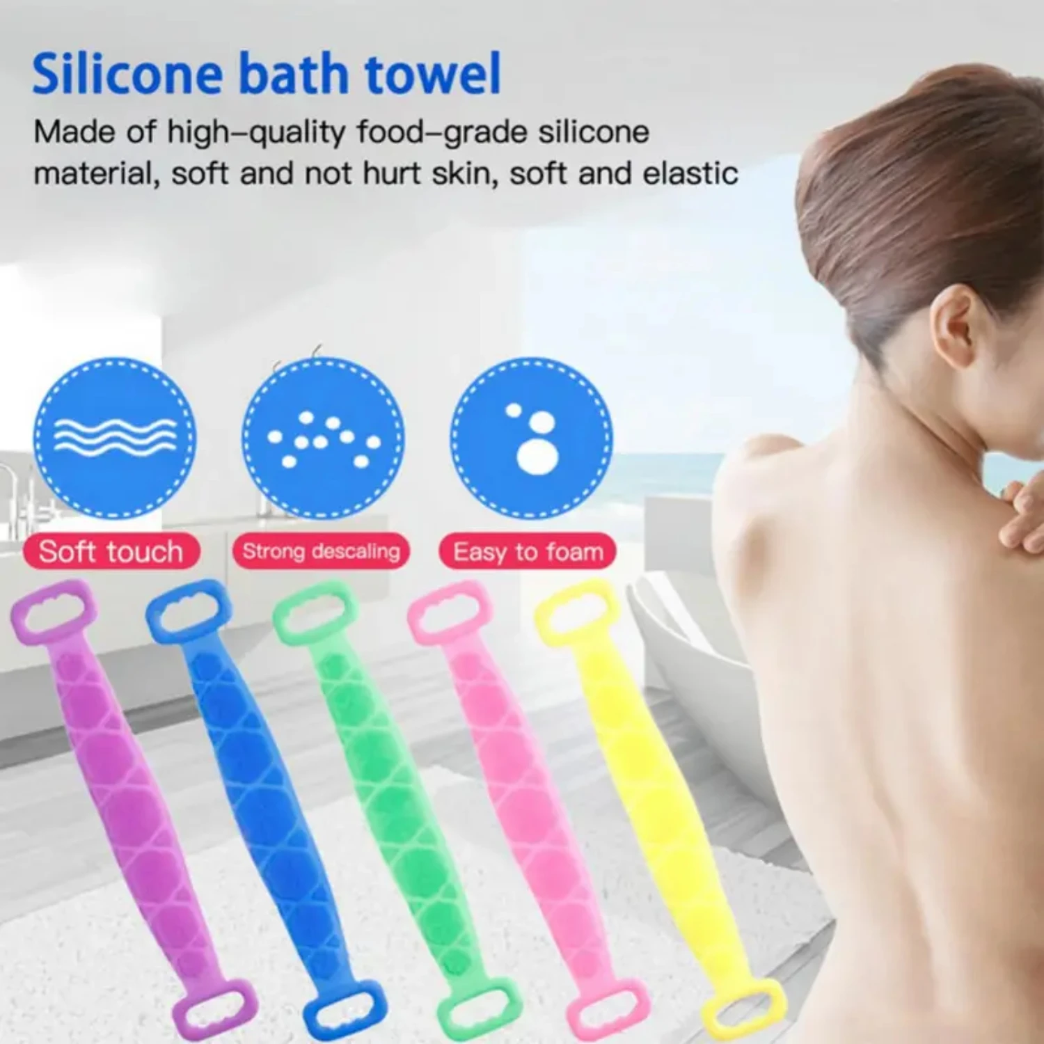 Soft and Flexible Silicone Long Strip Back Bath Brush for Men and Women - 1pc, Gentle Exfoliating Bath Towel for Rubbing Back, M