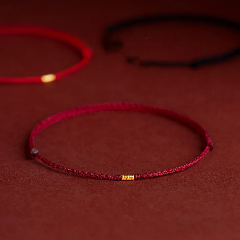 Fashion Handmade Gold Color Beads Red Rope Lucky Bangles Length Adjust Circle Charm Bracelets for Women Men Lovers' Gift