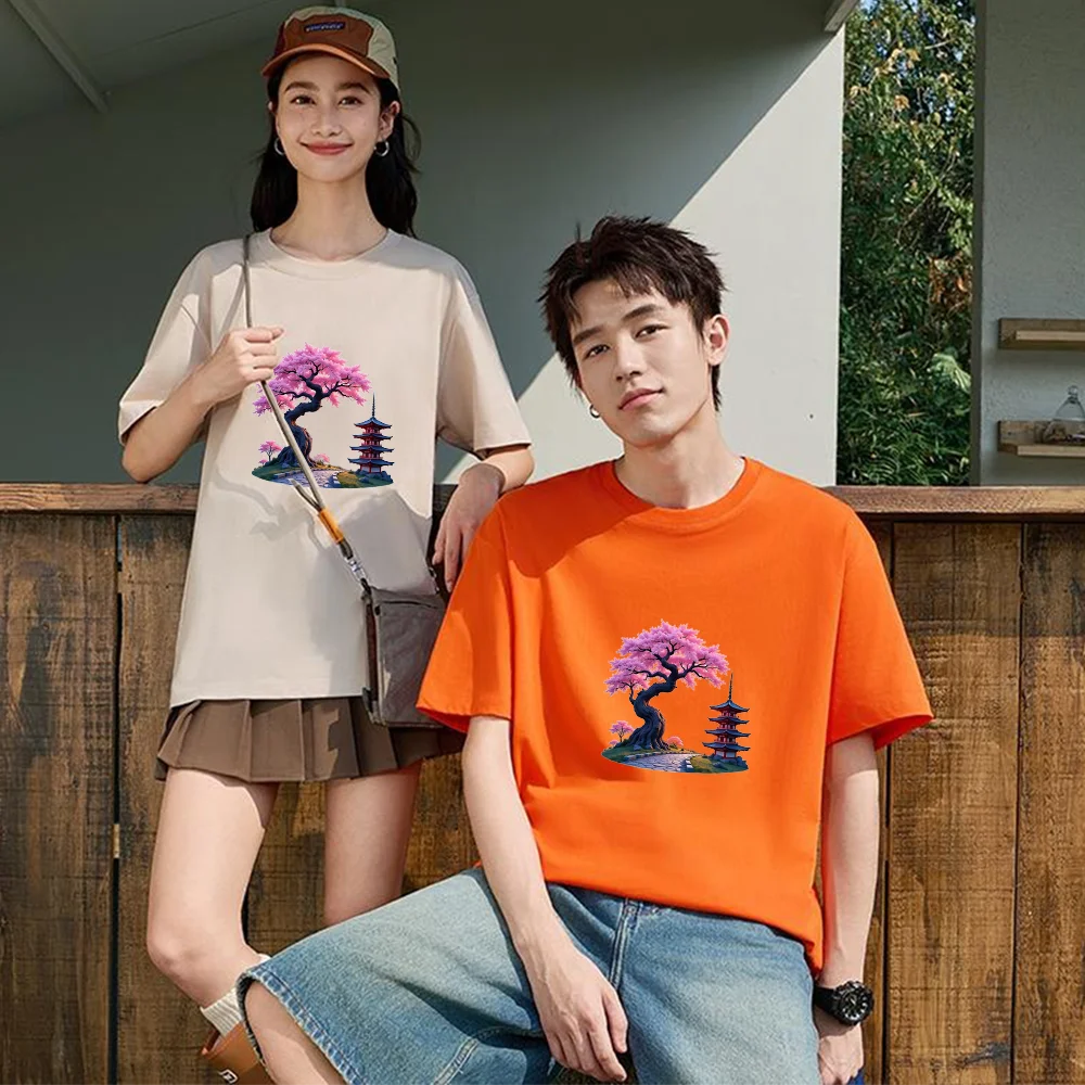 Cherry Blossom Tree Pagoda Printed T Shirt Breathable Fabric S-3XL Personalized Custom Casual Short Sleeve Tee Aesthetic Graphic